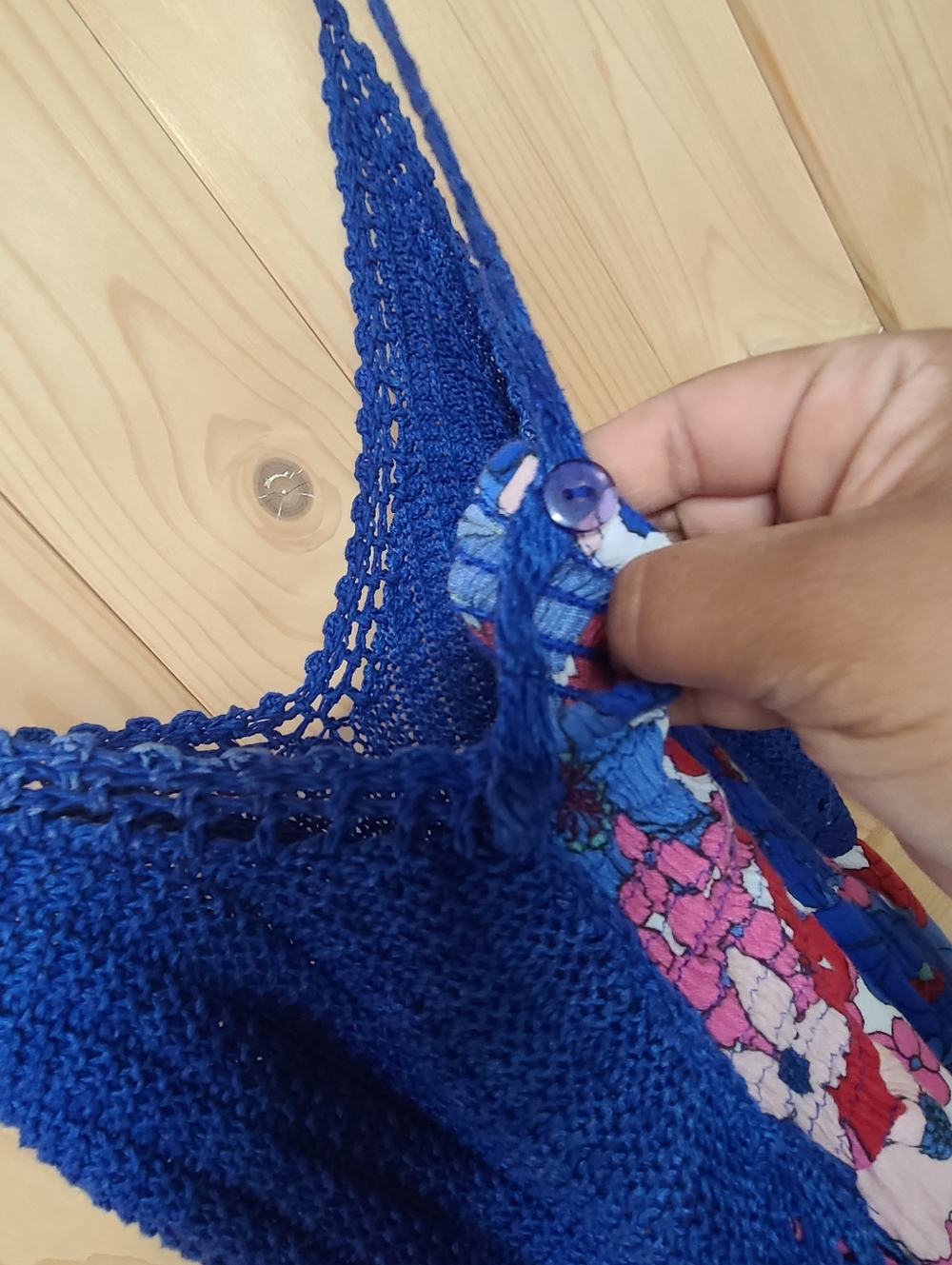 Tori Richard Bohemian Floral Maxi Dress with Royal Blue Crochet Bodice - Picture 6 of 12